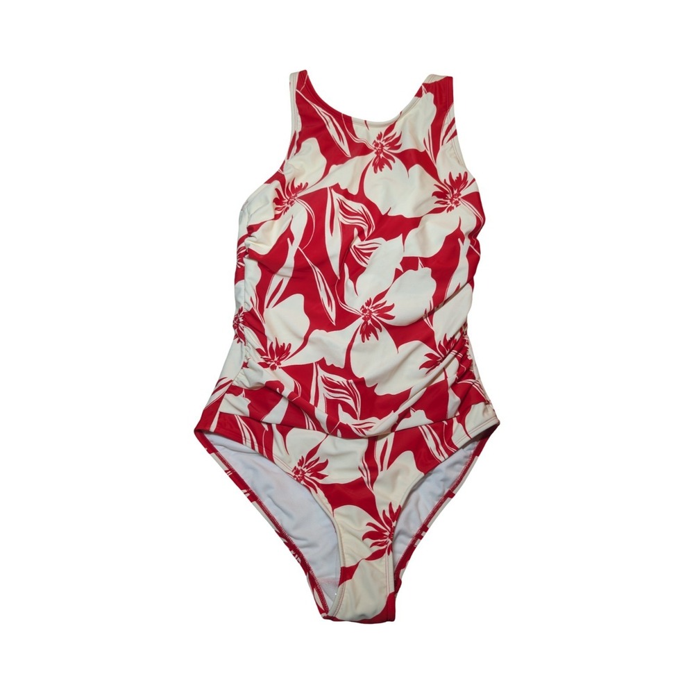 ⭐D4 Shade & Shore Red/White Floral HighNeck 1-Piece Swimsuit - Size 14